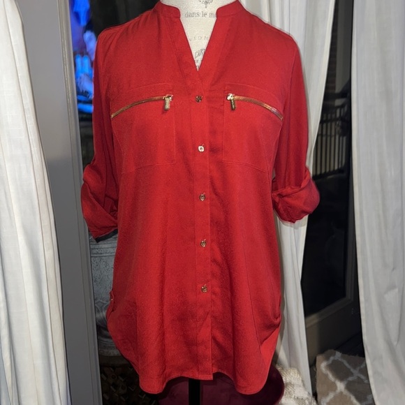 Calvin Klein Tops - Calvin Klein burnt orange gold metal zipper button down women’s blouse Small
